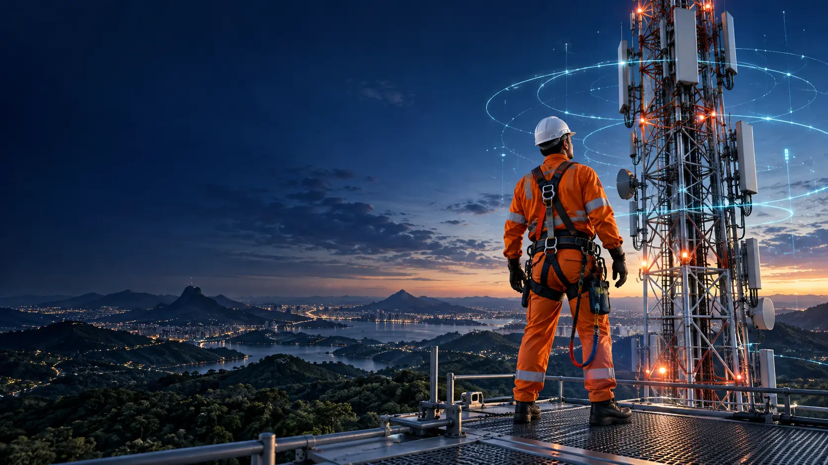 Técnico com equipamento de proteção no alto de uma torre de telecomunicações, ao entardecer, com a cidade ao fundo