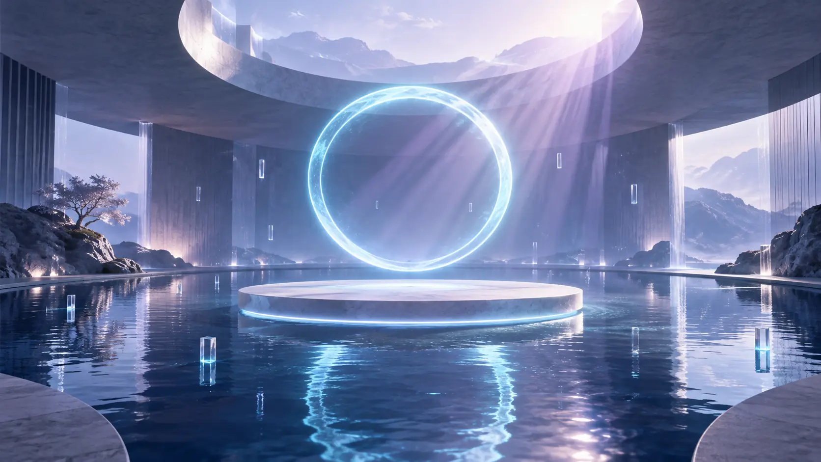 Salão futurista com espelho d'água e um anel de luz suspenso, em atmosfera serena