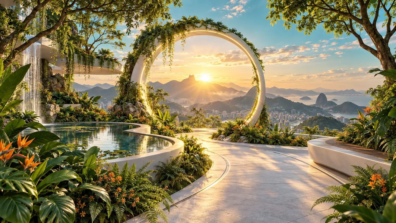 Jardim tropical com um arco de luz emoldurando o nascer do sol sobre o Rio de Janeiro
